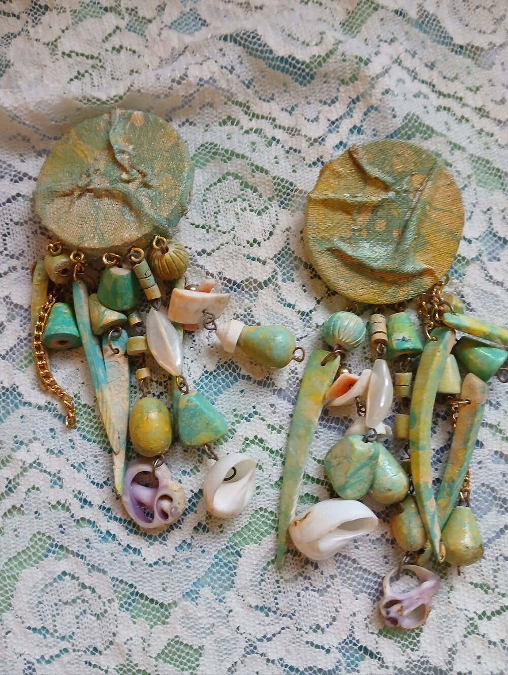 Vintage Bohemian Turquoise & Gold Dangle Statement Earrings Beach Summer Clay